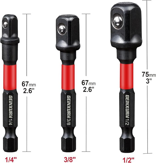 3Pcs Impact Socket Adapter Set,1/4" 3/8" and 1/2" Drive, 3Inches Extension Bit with Holder, Adapt Your Power Drill to High Torque Impact Wrench