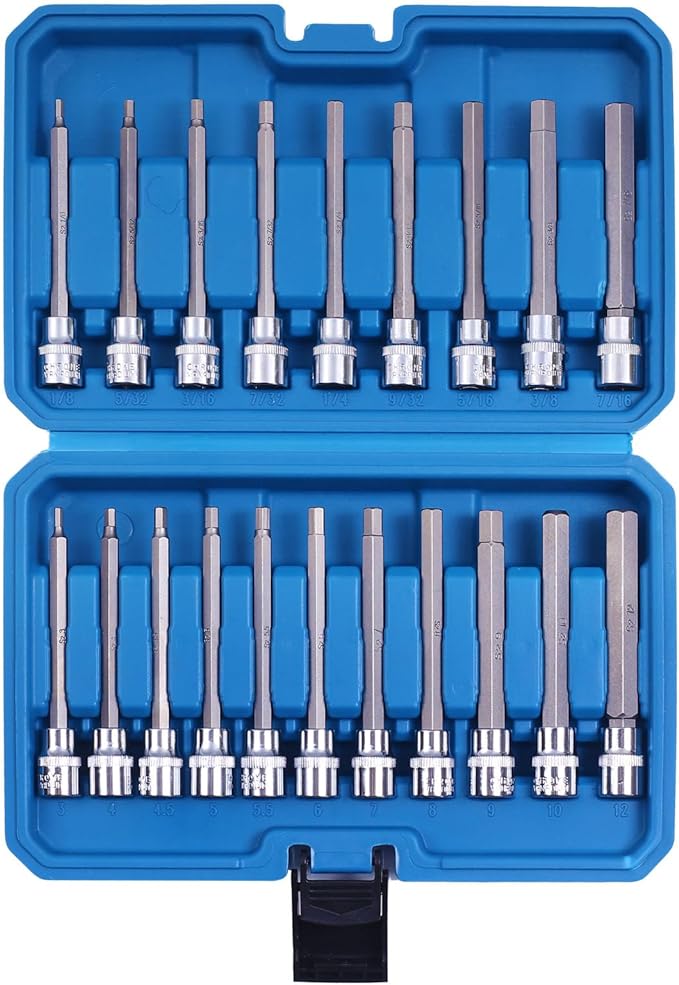 20PCS Extra Long Hex Bit Socket Set 3/8 Inch Drive | Standard SAE & Metric (1/8-Inch - 3/8-Inch, 3-12mm) | S2 Alloy Steel Allen Bits | Heavy Duty Cr-V Sockets Set