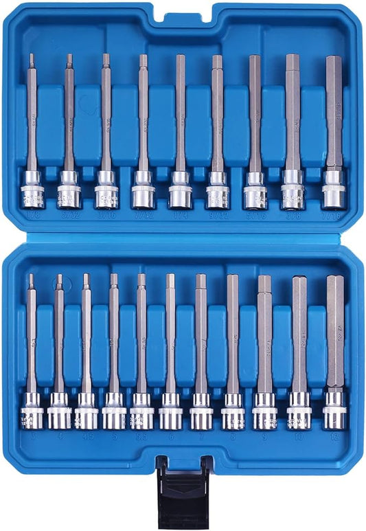 20PCS Extra Long Hex Bit Socket Set 3/8 Inch Drive | Standard SAE & Metric (1/8-Inch - 3/8-Inch, 3-12mm) | S2 Alloy Steel Allen Bits | Heavy Duty Cr-V Sockets Set