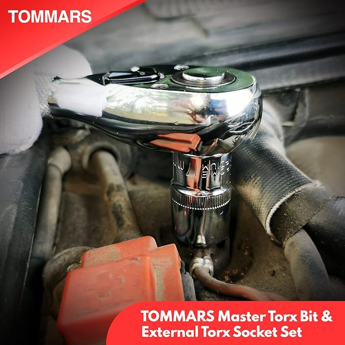 TOMMARS 60-Pc Master Torx Bit Socket and External Socket Set 1/4", 3/8", 1/2" Drive, S2 Steel Bits, CRV Sockets E4-E24, T6-T70,TT6-TT70,TP8-TP60
