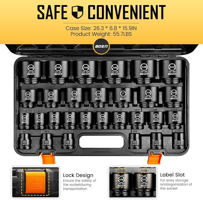 boen 3/4" Drive SAE Impact Socket Set, 3/4 inch - 2-1/2 inch Large Sockets, 6-Point Sockets, Rugged Construction, CR-MO, Standard Socket Set, 29PCS with Storage Case