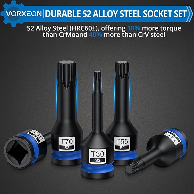 8 Pcs 1/2" Drive Torx Star Impact Bit Socket Set S2 Alloy Steel One-piece forged With Storage Case T30, T40, T45, T50, T55, T60, T70, T80