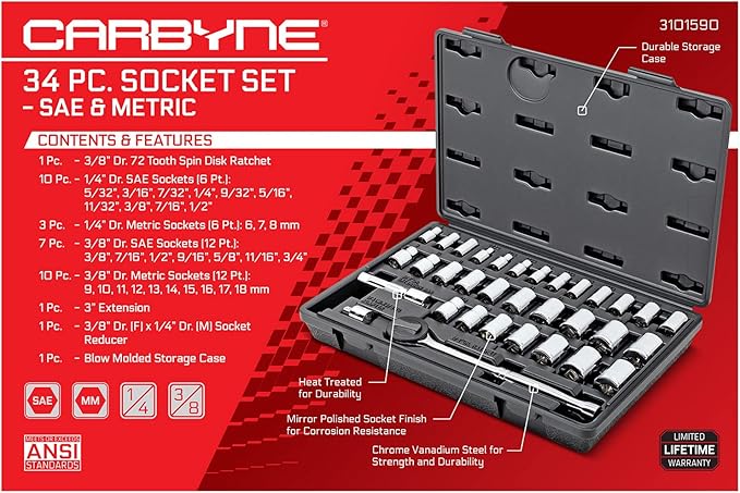 CARBYNE 34-Piece 1/4" & 3/8" Drive Socket & Ratchet Set | SAE & Metric. Includes Metric 6 to 18mm, SAE 5/32" to 3/4". 6 & 12 Point. Cr-V Steel ??From a Family-Run Tool Company Based in the U.S.A.