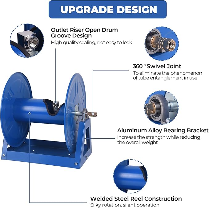 4000 PSI Hand Crank Steel Air Hose Reel, Holds 1/2" x 225' Hose, Fits Air Compressor, Pressure Washer (Hose Not Included)