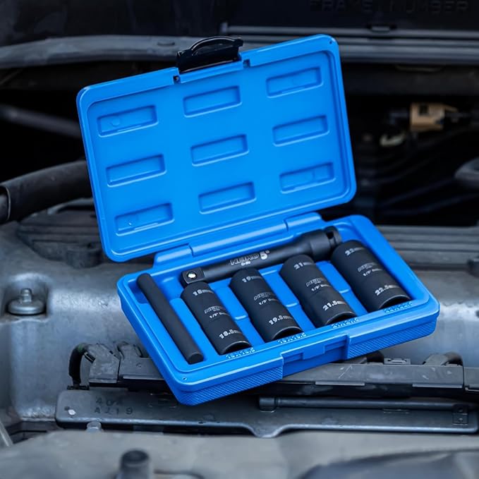 NEIKO 02290B Lug Nut Socket Set, 1/2??Impact Thin Wall Flip Socket Set, Half Size Wheel Socket Set, Metric 6 Point, 5" Extension Bar & Knockout Bar, 18.5mm, 19.5mm, 21.5mm, and 22.5mm