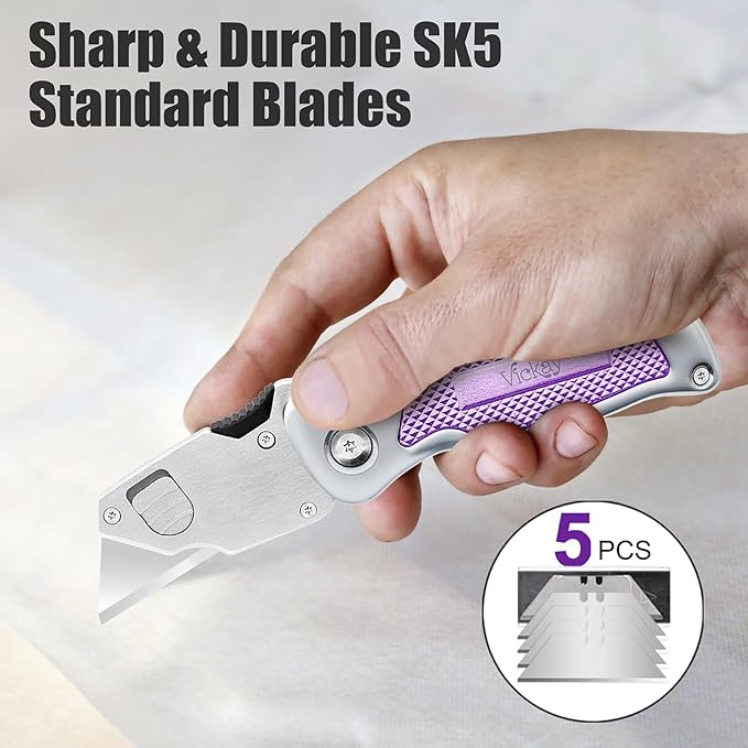 Vickay Box Cutter, Utility Knife with Belt Clip, Stainless Steel Body Handle, Quick-change Blade and Safety Axis Lock, Razor Knife, Cardboard Cutter with Extra 5PC SK5 Blades (Purple)