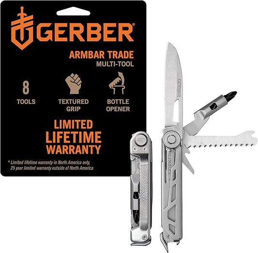 Gerber Gear Armbar Trade 8-in-1 Multi-tool - 2.5" Plain Edge Blade, Pry Bar, Hammer - EDC Gear and Equipment - Silver