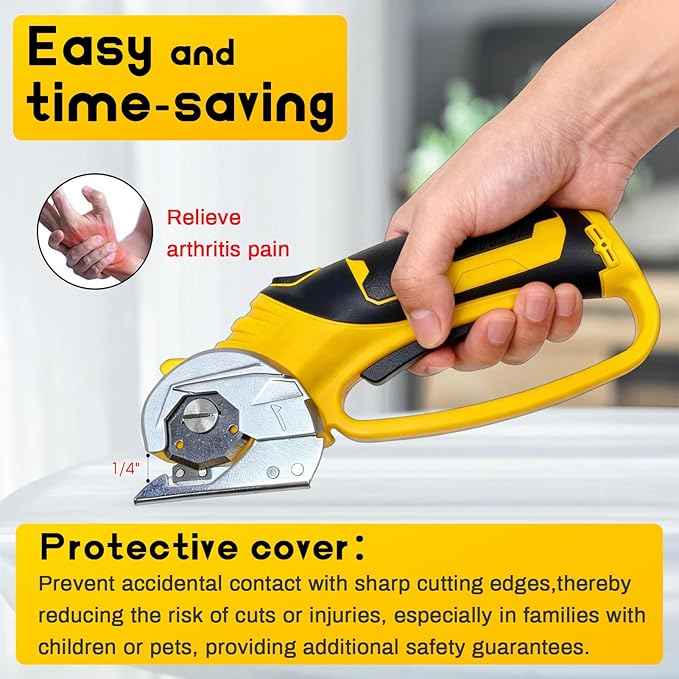 Cordless Electric Scissors with two Blades, 4V Rechargeable Cardboard Box Cutter with LED Light & Safety Lock,Powerful Rotary Cutter tool Cuts Fabric, Cardboard, Leather, Carpet up to 1/4”