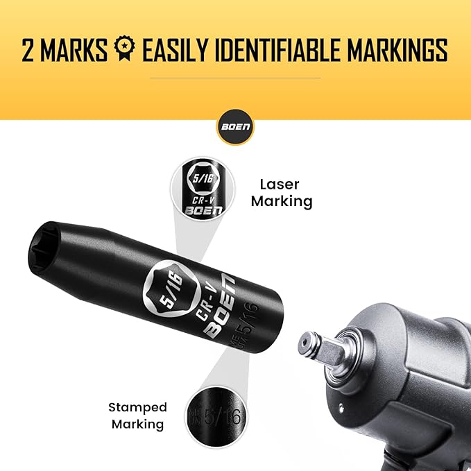 BOEN 1/2" Drive Deep Impact Socket,5/16 Inch Premium Socket,SAE,6 Point,Cr-V Steel with Laser Marking - Strong and Durable
