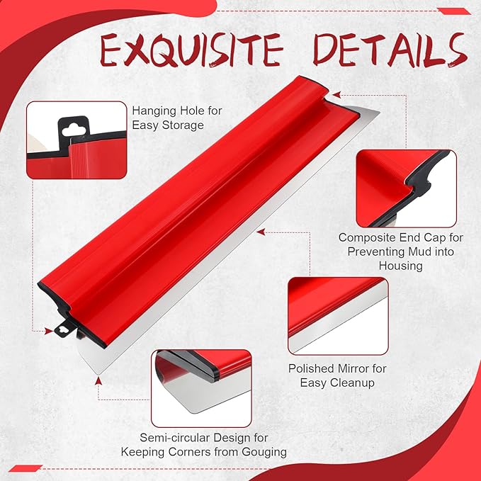 24 Inch/60 CM Drywall Skimming Blade, Stainless Steel Drywall Smooth Finish Tool for Large Working Area Wall Decoration, Replaceable 0.5 mm Stainless Steel Blade, Ergonomically Designed Grip