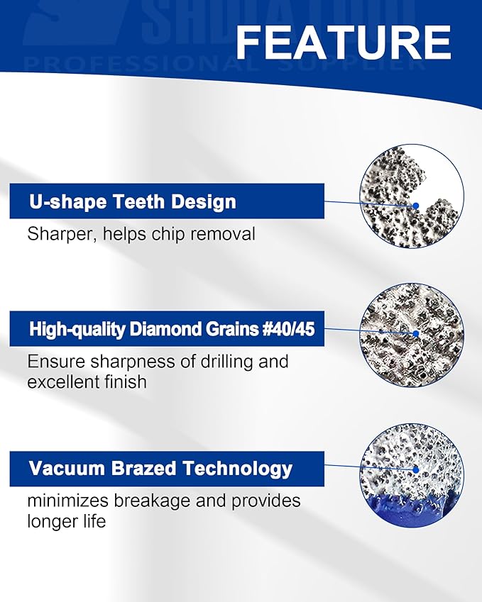 SHDIATOOL Diamond Drill Core Bits Set for Porcelain Triangle Shank Hole Saw Cutter for Tile Marble Ceramic Granite on Drill Machine 11pieces(6/8/10/20/25/28/32/35/45/50/65MM)
