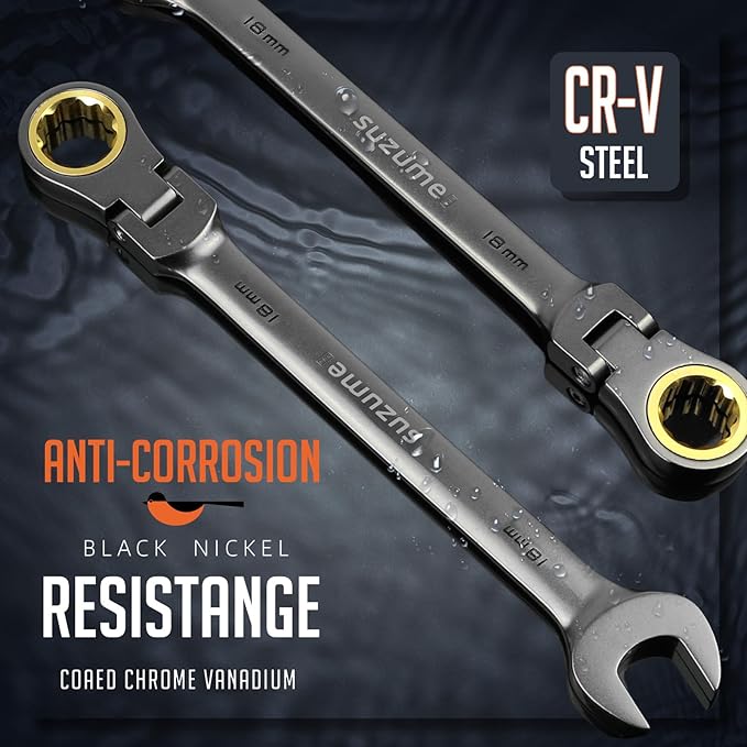 SUZUME 18mm Flex Head Ratcheting Wrench Metric 72 Teeth Cr-V Steel 15K+ Cycle Locked Gears with 180째 Flexible Head Black Nickel Coating