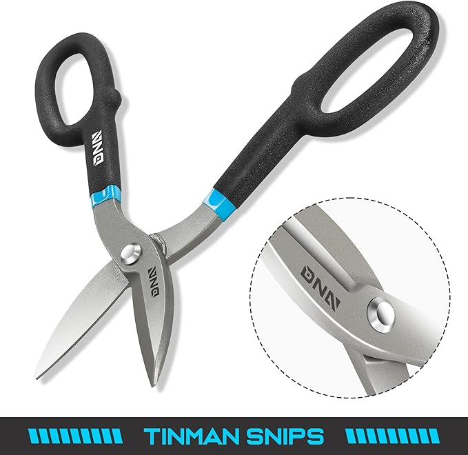 DNA Motoring Straight Cut Tin Snip Shears, Heavy Duty High Carbon Steel with Vinyl-Dipped Handles, Black/Blue, TOOLS-00491