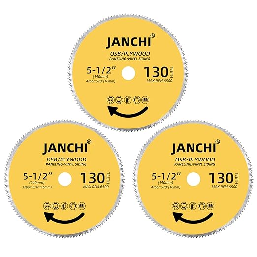 3Pack 5-1/2 Inch 130T Circular Saw Blade 5/8 Inch (16mm) Arbor, Plywood, OSB, Paneling and Vinyl Siding Fast and Smooth Cutting Saw Blade, with 5/8"-1/2" and 5/8"-3/8" Bushing