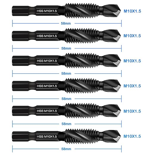 DKIBBITH 6 Packs M10 Combination Drill & Taps Bit Set, Screw Tapping Threading Tools in Size M10*1.5 with Anti-Rust Black Coating, 1/4" Hex Shank and Storage Case