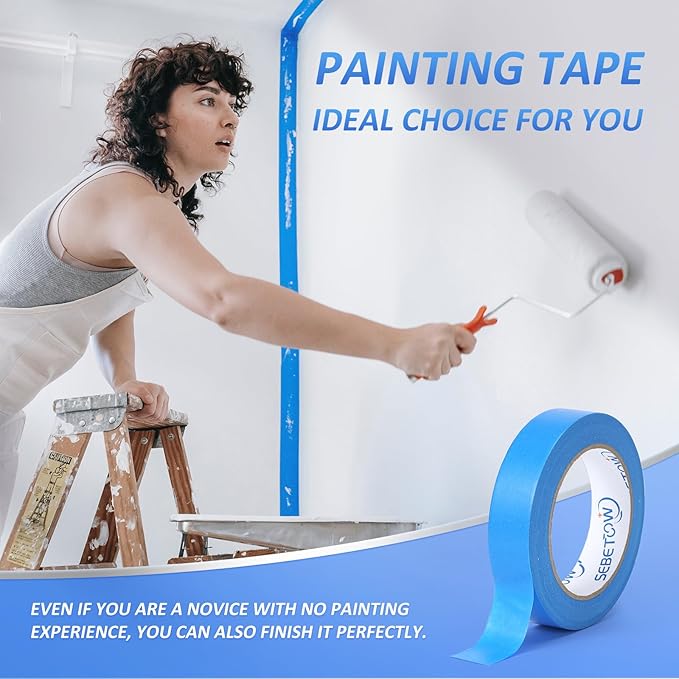 10 Rolls Painters Tape 1 inch Bulk Painter Tape Blue Wide Roll, Blue Masking Tape, 1 Inches x 55 Yards for General Purpose Wall Painting, Home Improvement