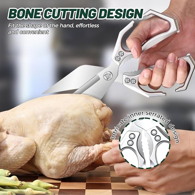 Multifunctional Heavy-Duty Kitchen Shears, Heavy Duty Kitchen Scissors, Poultry Shears with Ergonomic Handle, Food Scissors for Chicken Meat Seafood Bone Cutting, Cooking Accessories (Silver)
