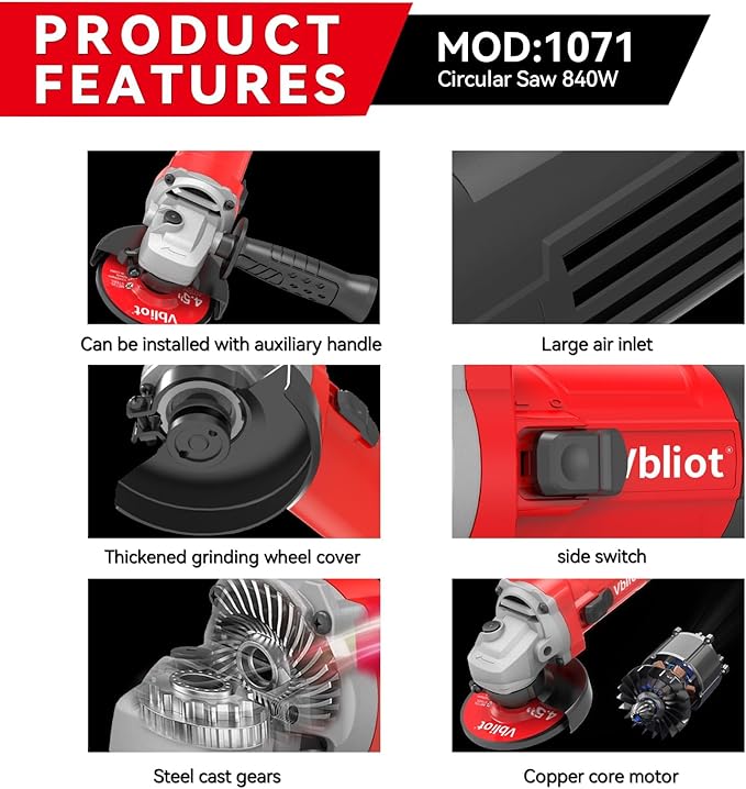850W Angle Grinder 5 Inch Power Grinder Tool 7 Amp Power Grinder 360째 Rotational Guard 12000rpm Power Angle Grinders for Cutting and Grinding Metal Stone Wood Grinder Tool