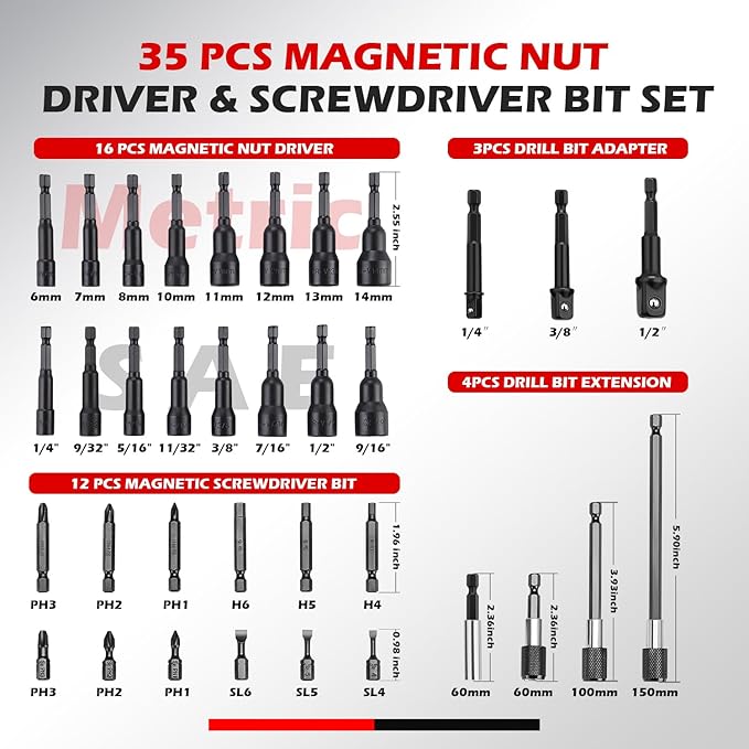35PCS Magnetic Nut Driver Set, Nut Driver Set for Impact Drill, 1/4" Quick-Change Hex Shank | SAE & Metric | Cr-V Steel, Magnetic Screwdriver Bit W/Drill Bit Extension & Drill Bit Adapter