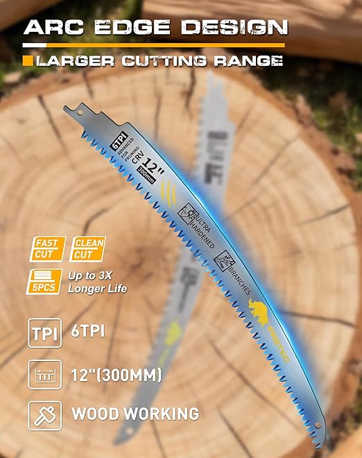 Japanese Teeth Reciprocating Saw Blades 12 Inch, Arc Edge Wood Pruning Reciprocating Saw Blades 6TPI Tree Trimming, Wood Cutting, Cr-V Reciprocal Saw Blades Better Wear Resistance, (5 Pack)