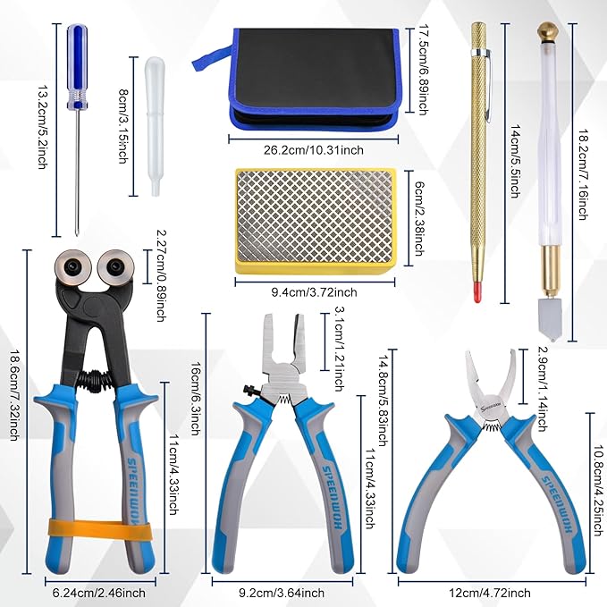 SPEEDWOX 14Pcs Premium Glass Running Breaking Pliers and Class Cutter Tools Kit Breaker Grozer Pliers Heavy Duty Glasses Cutting Tool with Rubber Tip Work Great for Stained Glasses, Tiles, Mosaic