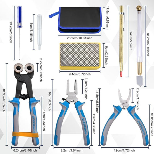 SPEEDWOX 14Pcs Premium Glass Running Breaking Pliers and Class Cutter Tools Kit Breaker Grozer Pliers Heavy Duty Glasses Cutting Tool with Rubber Tip Work Great for Stained Glasses, Tiles, Mosaic