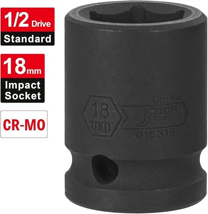 JETECH 1/2 Inch Drive 18mm Standard Impact Socket, Chrome Molybdenum Alloy Steel, 6-Point Design, Metric