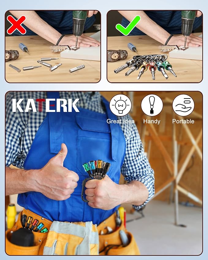 katerk 6pcs 1/4 inch Hex Shank Aluminum Alloy Screwdriver Bits Holder 8 Sets, Light-weight Quick-change Extension Bar Keychain Drill Screw Adapter Change Portable竊? Colors With Black Carabiner)