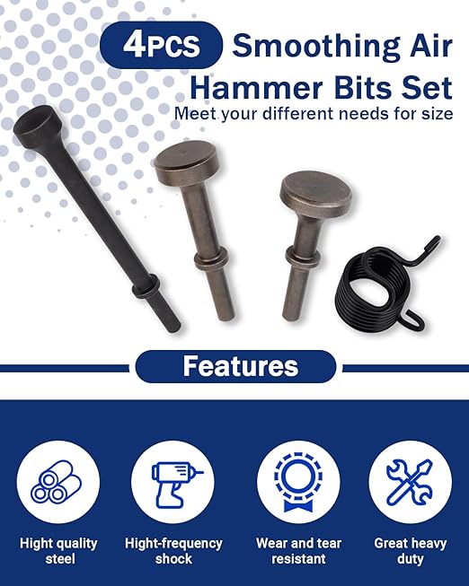 4 PCS Smoothing Air Hammer Bits Set, Smoothing Pneumatic Air Hammer, Extended Length Pneumatic Hammer Bit with Spring, Pneumatic Chisel Bits Tools Kit for Home Improvement