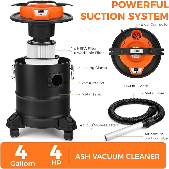LIGO Ash Vacuum, Pellet Stove Vacuum Cleaner with Blower Function, 3.3 Gallon 1000W, Washable Fliter and HEPA Fliter, with 3 Swivel Casters,Ash Dust Collector for Pellet Stoves, Fireplaces