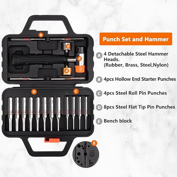 Pridefend Punch Set, Roll Pin Punch Set Made of Solid Material,Including Steel Pin Punch Set, Roll Pin Starter Punch and Hammer,with Organizer Storage Box (with Bench Block)