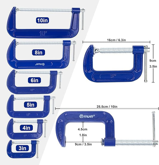 6 Pack 3 Inch Blue C-Clamp - Heavy Duty Iron C Clamps, C-Clamp for Woodworking, Brake Calipers, Maintain, Building, DIY Project