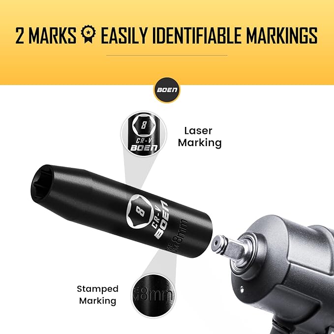BOEN 1/2" Drive Deep Impact Socket,8mm Premium Socket,Metric,6 Point,Cr-V Steel with Laser Marking - Strong and Durable