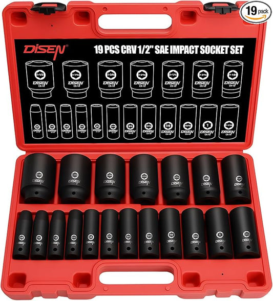 DISEN 19 Pcs 1/2" SAE Impact Socket Set, Deep Sockets 3/8"- 1-1/2", 6-Point Cr-V & Alloy Steel, 1/2 Inches Drive Impact Socket Set,Rugged Construction, Enhanced Storage Case