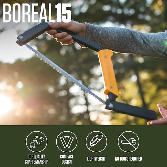 AGAWA - BOREAL15-15 Inch Folding Saw with All-Purpose Saw Blade - Camping Gear For Hiking, Fishing, Hunting, Bushcraft & Survival Kit (Black Frame/Yellow Handle)
