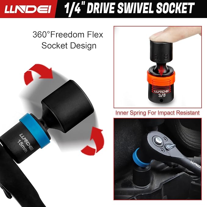 LLNDEI 1/4-Inch Drive Swivel Socket Set, 32 Pieces Standard SAE(5/32 to 9/16") Metric Size(4-15mm) CR-MO Wobble Sockets, 6 Point with Ratchet Wrench Handle, Extension Bars and Adapter
