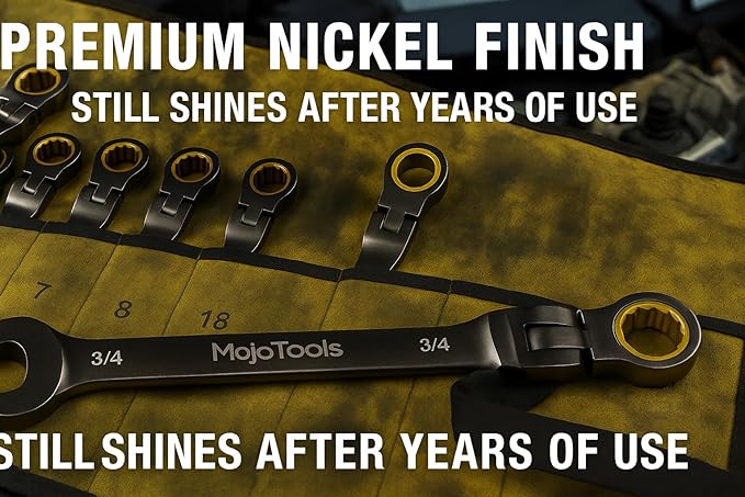 19mm Flex-Head Ratcheting Combination Wrench, Metric Standard, 72-Tooth 12-Point Ratchet Box End & Open-End Spanner, CR-V Steel, Nickel-Plated for Durability