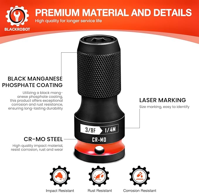 BLACKROBOT 2PCS Quick Release Impact Bit Holders 3/8-Inch Square Drive to 1/4-Inch Hex Socket Adapter, CR-MO Steel, Red