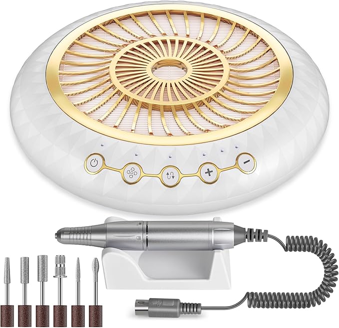 2 in 1 Nail Dust Collector Quiet , 5000RPM Vacuum Fan Extractor with Reusable Filter & 30000RPM Electric Nail Drill File Professional with 6 Bits - Home/Salon Use, Pros Tech & Beginners