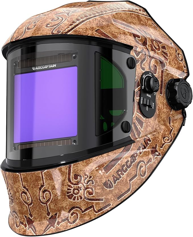 ARCCAPTAIN Auto Darkening Welding Helmet with Side View, 180째 Panoramic View, 1/1/1/1 True Color Large Viewing Welding Hood with 4 Arc Sensor Solar Powered, Wide Shade 4/5-9/9-13, Woodcarving