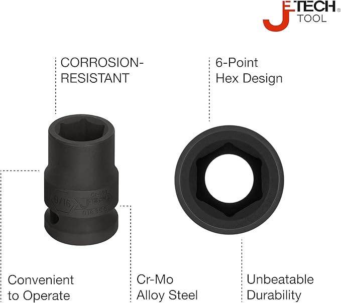 Jetech 1/2 Inch Drive 9/16 Inch Standard Impact Socket, Made with Chrome Molybdenum Alloy Steel, Heat Treated, 6-Point Design, SAE