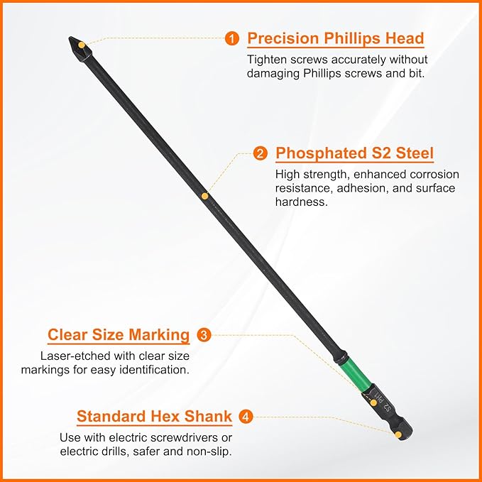 HARFINGTON 3pcs #1 Impact Phillips Screwdriver Bit PH1 1/4" Hex Shank 8" (200mm) Long 0.16" Rod Magnetic Cross Head Drill Bits S2 Steel Industrial Screw Driver for Impact Power Drivers