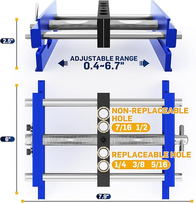 Upgraded 6.7 inch Self Centering Doweling Jig Kit (Blue), Drill Jig For Straight Holes Biscuit Joiner Set With 6 Drill Guide Bushings, Adjustable Width Drilling Guide Power Tool Accessory Jigs