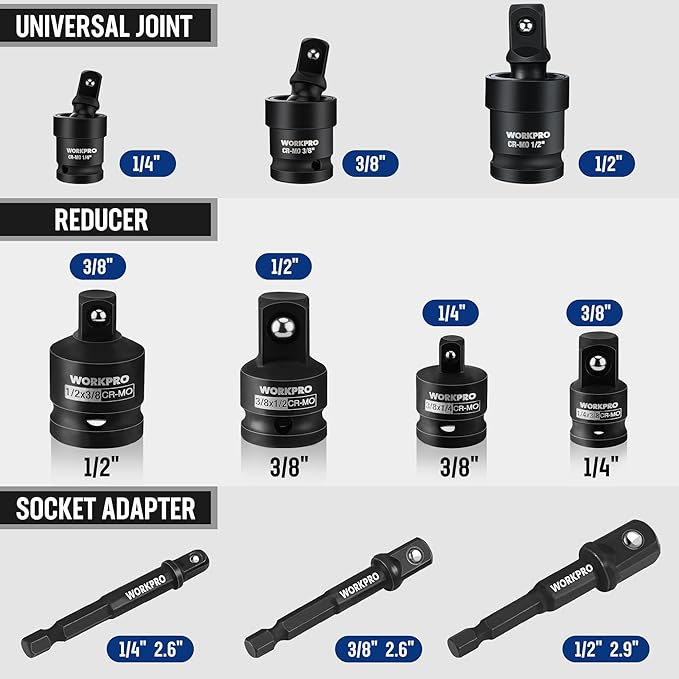 WORKPRO 10 Pieces Impact Socket Adapter Set with Case, Includes 4pc Adapter and Reducer Set, 3pc Universal Joint Socket Set and 3pc Drill Adapter, 1/4" 3/8" 1/2"