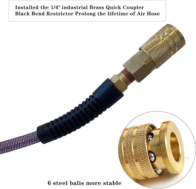 Air Hose 1/4 in x 100 ft, Polyurethane(PU), Reinforced Air Compressor Hose, Lightweight, Kink Resistant with 1/4??Industrial High Flow Quick Coupler and Plug, Bend Restrictors,300 PSI (100FT, Purple)
