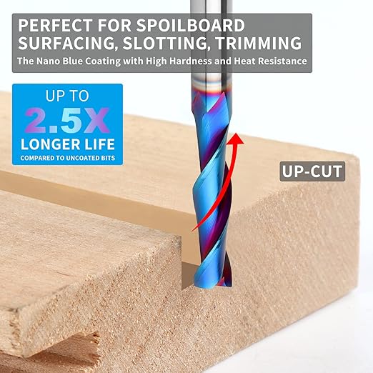 Upcut Spiral Router Bit 1/4 inch Shank, 1/4 inch Cutting Diameter, Extra Long 3 inch Solid Carbide with Nano Blue Coating CNC Router Bits End Mill for Wood Cut, Carving