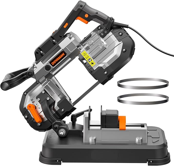 DOVAMAN Portable Bandsaw, 10A 5 Inch Cutting Capacity Handheld Corded Band Saw, 6-Speed 0째- 45째 Adjustable Angle Band Saws, For Woodworking For Cutting Metal, Includes 2 Saw Blades