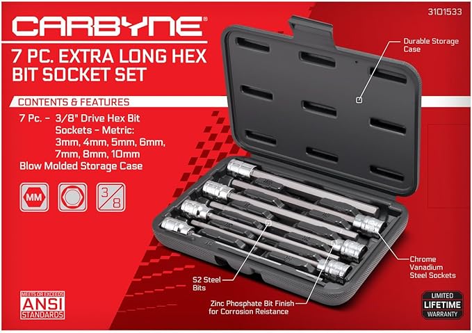 CARBYNE 7-Piece Metric Extra Long Hex (Allen) Bit Socket Set, 3mm to 10mm Sizes, 3/8 in. Drive, S2 Steel Bits, CrV Sockets ??From a Family-Run Tool Company Based in the U.S.A.