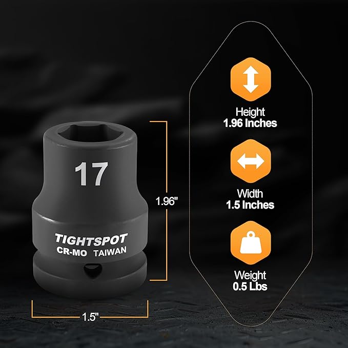 TIGHTSPOT 3/4" Drive 17mm Shallow Impact Socket CR-MO Jumbo Socket 6 Point Strong and Durable for Automotive Truck and Heavy Equipment Repair