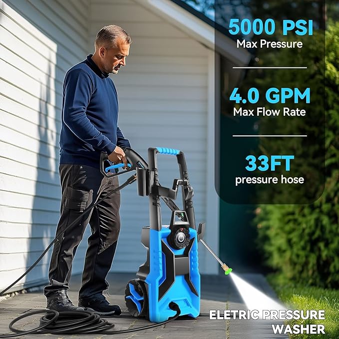 5000 PSI Adjustable Electric Pressure Washer, 2025 New Power Washer Pressure Adjustable (2500PSI-5000PSI) with 33ft Pressure Hose, 4 Nozzle and Detergent Tank for Cars, Upgraded Blue